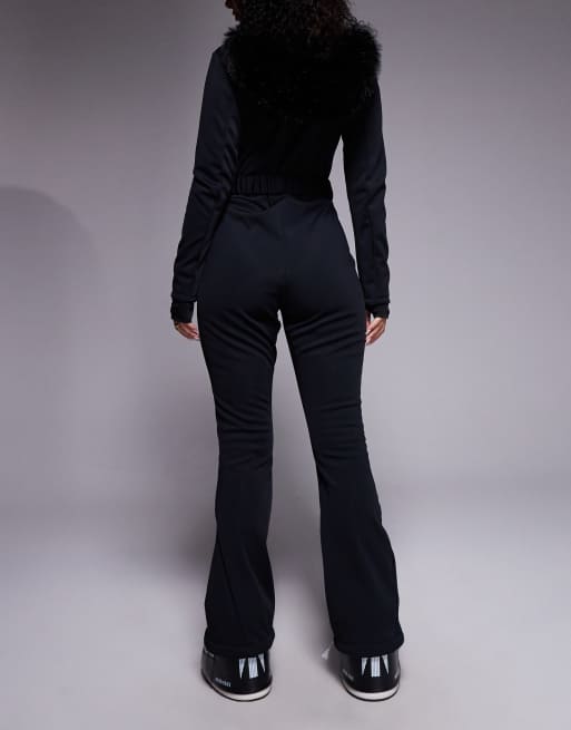ASOS 4505 Hourglass Ski soft shell belted ski suit with slim kick leg and faux fur hood in black