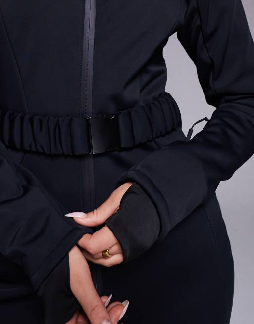 ASOS 4505 Hourglass Ski soft shell belted ski suit with slim kick leg and faux fur hood in black