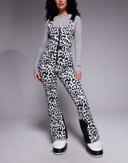 ASOS 4505 Hourglass Ski – Wodoodporne spodnie narciarskie na szelkach z miękkiej tkaniny softshell z paskiem i wzorem w cętki śnieżnej pantery