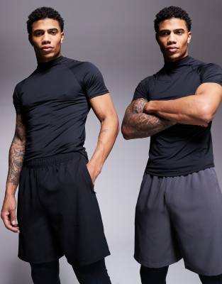 ASOS 4505 ASOS 4505 Icon 7 inch quick dry training short with zip pocket 2 pack in black and charcoal-Multi
