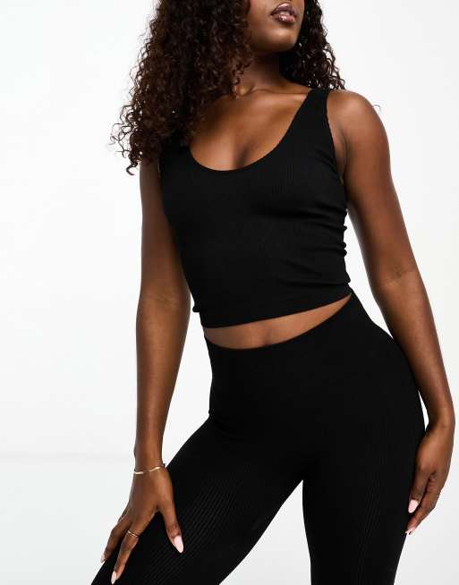 ASOS 4505 - Icon - Canotta senza cuciture con scollo profondo nera a coste