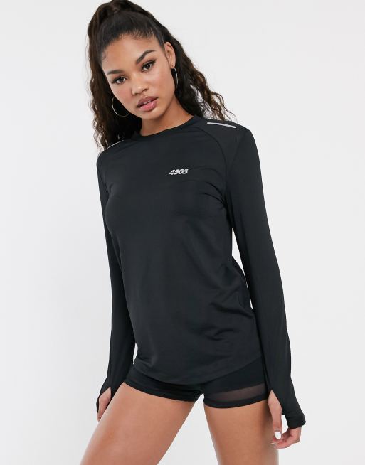 Women's Long Sleeve Active Running T-Shirt with Thumb Hole - Black