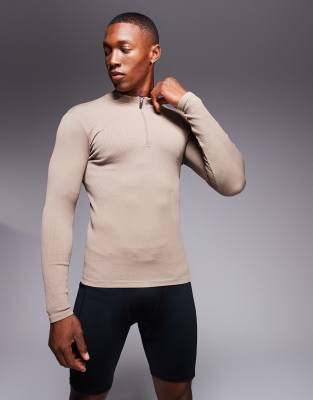 ASOS 4505 ASOS 4505 Icon performance muscle fit seamless rib long sleeve 1/4 zip in taupe grey