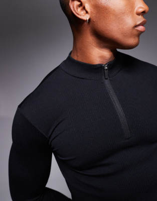 4505 Icon performance muscle fit seamless ribbed long sleeve 1/4 zip sweatshirt in black