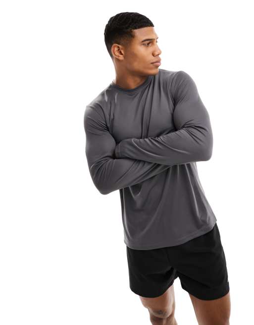 ASOS 4505 – Icon – Schmal geschnittenes, langärmliges Trainings-T-Shirt aus Funktions-Netzstoff in Anthrazit mit Schnelltrocknungsfunktion   