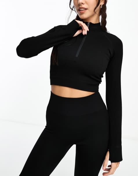 Black High Neck Long Sleeve Crop Top, Tops