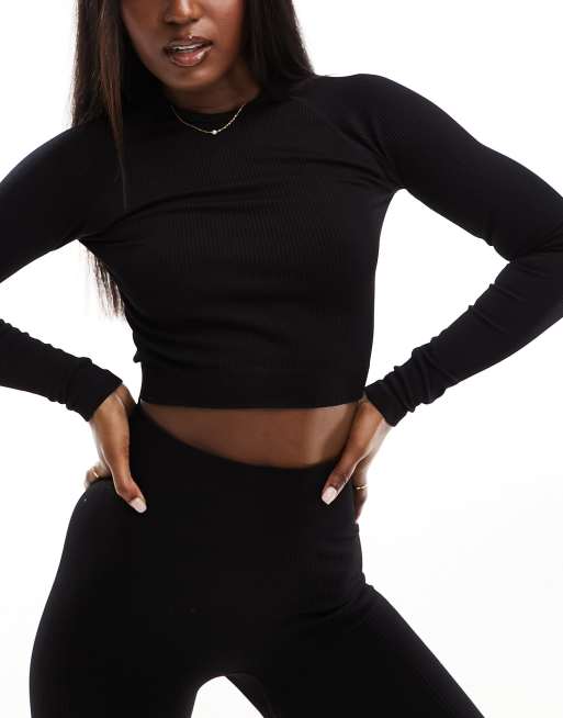 ASOS 4505 seamless rib long sleeve all in one with zip front in black