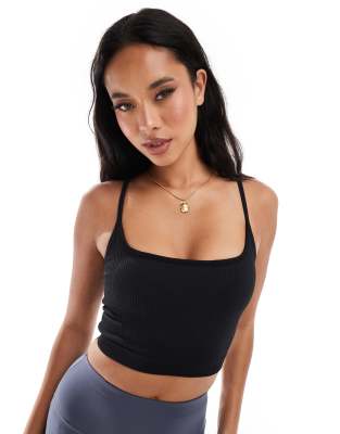 Asos 4505 Icon Seamless Rib Yoga Cami With Inner Bra In Black