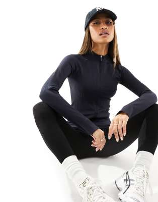 FhyzicsShops 4505 Icon seamless rib zip through long sleeve top in navy 