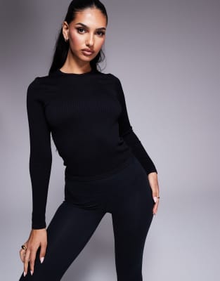 Asos Design 4505 Icon Seamless Ribbed Long Sleeve Top In Black