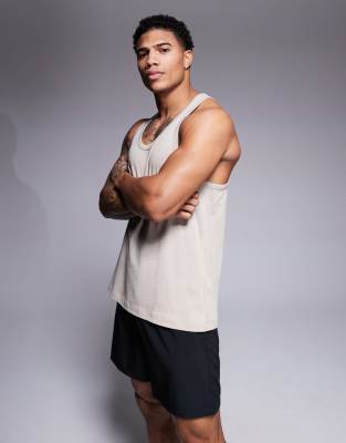 Asos 4505 Icon Training Cotton Stringer Tank Top With Quick Dry Finish In Neutral