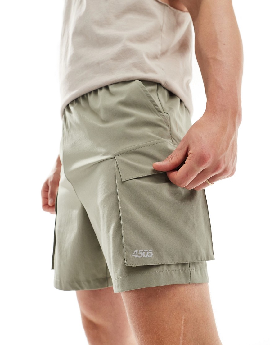 Asos Design 4505 Icon Training Shorts With Cargo Pockets And Quick Dry In Khaki-gray