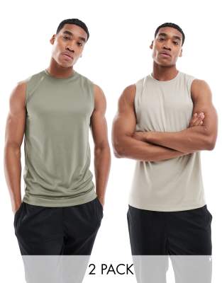 4505 Icon training sleeveless t-shirt with quick dry 2 pack in beige and khaki-Multi