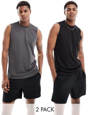 ASOS 4505 Icon training sleeveless t-shirt with quick dry 2 pack in black and charcoal