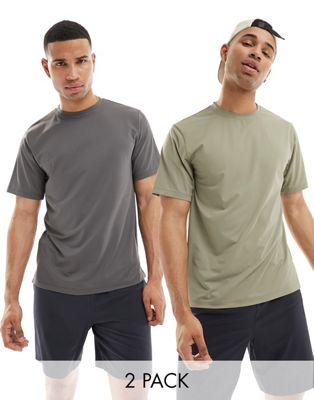 ASOS 4505 Icon training t-shirt with quick dry 2 pack in charcoal and khaki
