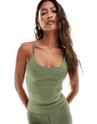 Asos 4505 Icon Yoga Cami Crop Top With Inner Bra In Soft Touch Fabric In Khaki-Green