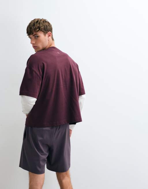 ASOS 4505 kraftig bomulds-T-shirt med dobbeltlagede ærmer i oversized pasform i maroon og råhvid, 5 af 5