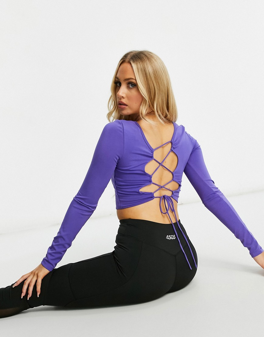 ASOS 4505 long sleeve yoga top with lattice back detail in peached jersey-Blues