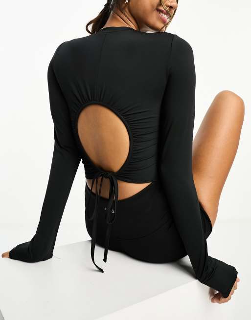 ASOS 4505 long sleeve yoga top with open back and tie detail in black