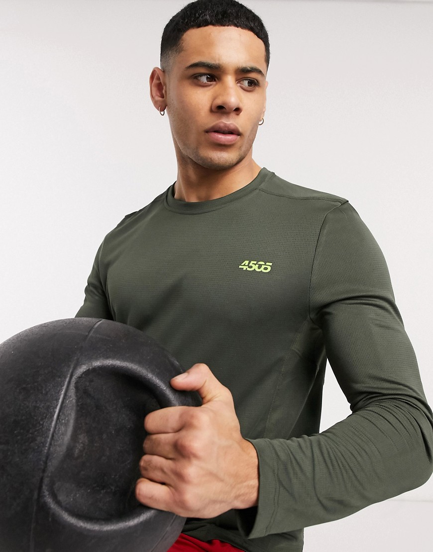 ASOS 4505 - Maglietta a maniche lunghe da allenamento quick dry kaki con logo iconico-Verde
