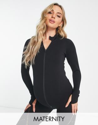 ASOS 4505 Maternity - Nahtlose, langärmlige Trainingsjacke mit durchgehendem Reißverschluss, Umstandsmode-Schwarz