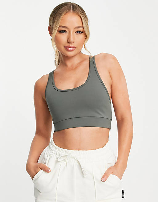 ASOS 4505 medium support sports bra with strappy back in khaki