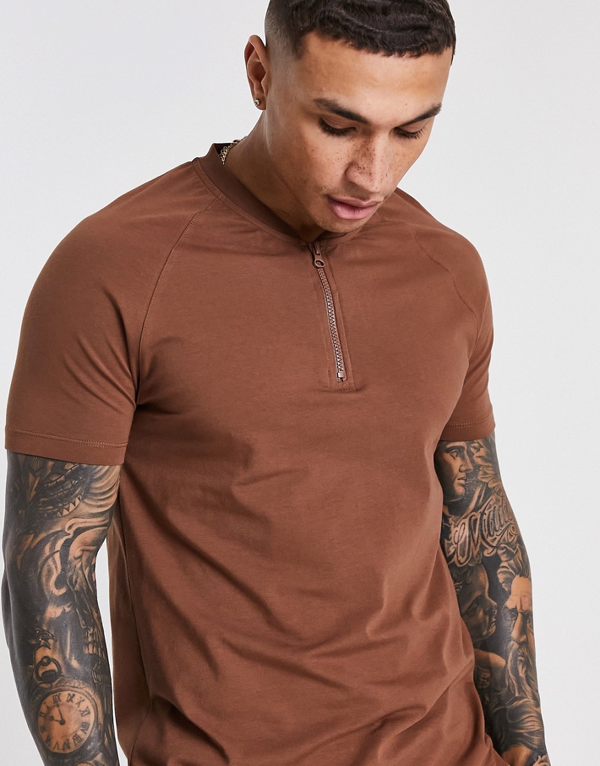 ASOS 4505 muscle fit t-shirt with zip neck-Brown
