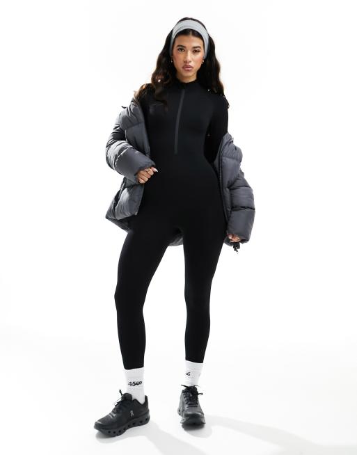 ASOS 4505 - Onesie côtelé sans coutures à manches longues et fermeture éclair - Noir 