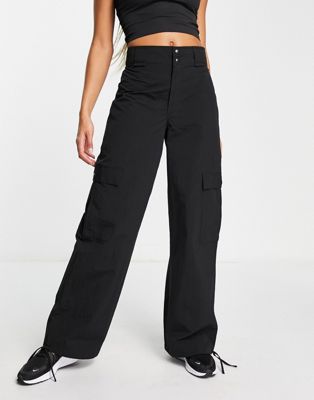 Asos Design 4505 Oversized Utlity Pants In Crinkle With Pockets-black