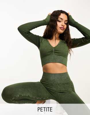 Asos Design 4505 Petite Acid Wash Long Sleeve V Neck Top - Part Of A Set-green