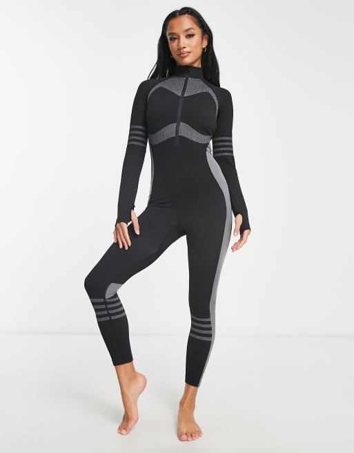 ASOS 4505 Petite all in one base layer with 1/2 zip and contouring detail  in black