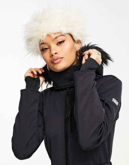 Topshop Sno ski suit with faux fur hood & belt in black