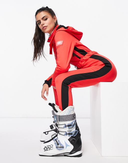 ASOS 4505 Petite fitted belted ski suit with hood and side stripe in red