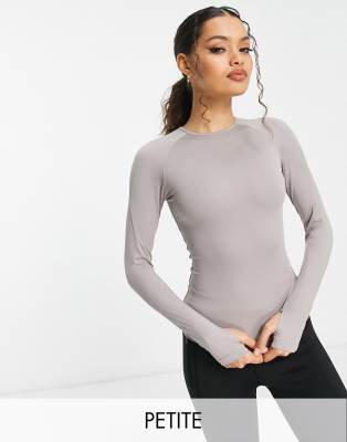 ASOS 4505 Petite - Langärmliges, schmal geschnittenes Oberteil mit Logo-Grau