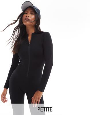 ASOS 4505 Petite - Nahtloser All-in-One-Jumpsuit in Schwarz mit Reißverschluss vorne