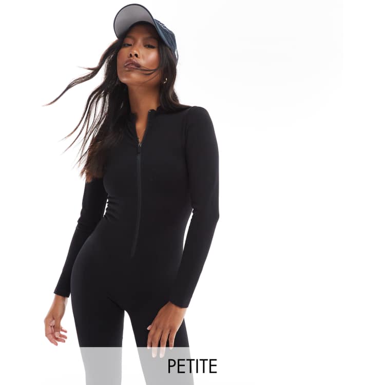 ASOS 4505 Petite Nahtloser All in One Jumpsuit in Schwarz mit ReiBverschluss vorne