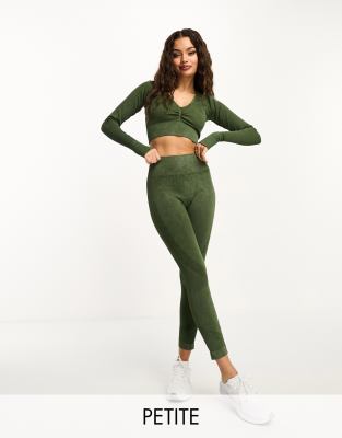 ASOS 4505 Petite seamless ruched bum legging and acid long sleeve v neck in  khak