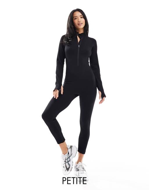 ASOS 4505 Petite seamless rib long sleeve all in one with zip front in black