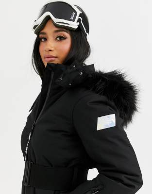 ASOS 4505 Petite ski belted jacket with faux fur hood-Blue