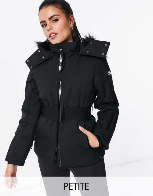 ASOS 4505 Petite ski fitted belted ski suit with faux fur hood