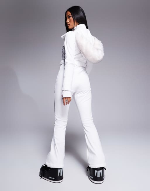 ASOS 4505 Petite Ski belted ski suit with slim kick leg and faux fur hood in white