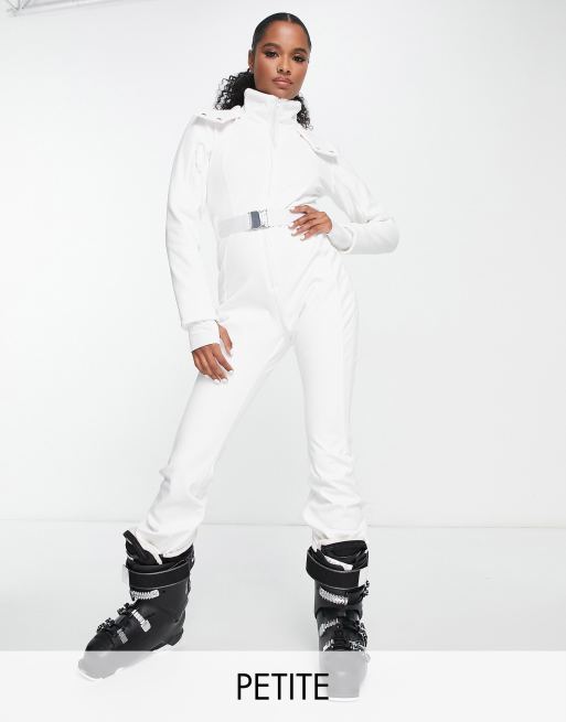 ASOS 4505 Petite ski belted ski suit with slim kick leg and faux fur hood