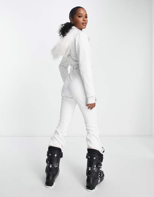 ASOS 4505 Petite ski fitted belted ski suit with fur faux hood