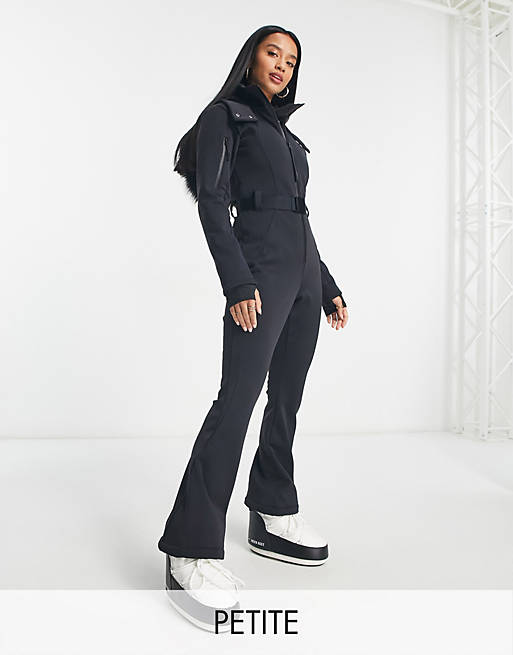 ASOS 4505 Petite ski belted ski suit with slim kick leg and faux fur hood