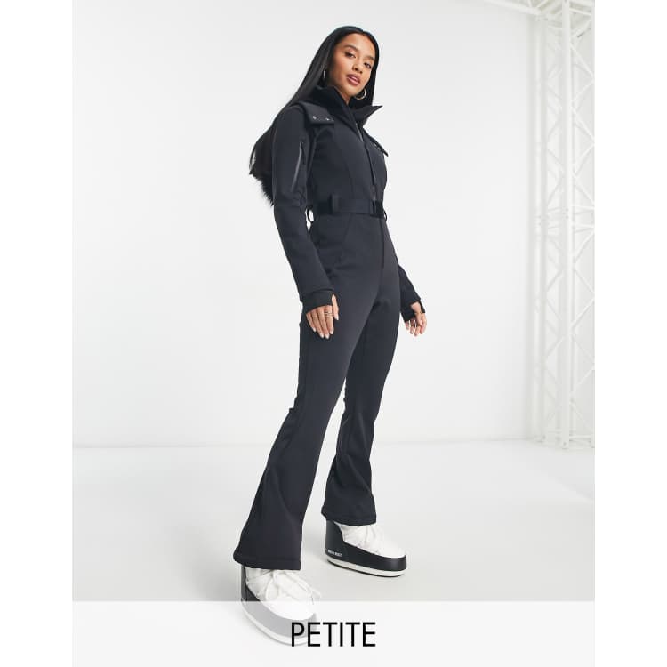 ASOS 4505 Petite ski belted ski suit with slim kick leg and faux fur hood