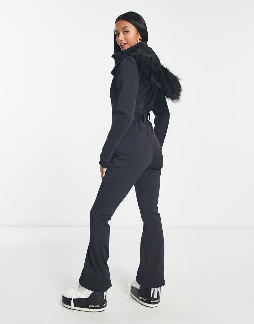 ASOS 4505 Petite ski belted ski suit with slim kick leg and faux fur hood