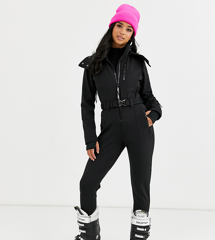 ASOS 4505 Petite ski fitted belted ski suit with faux fur hood-Black