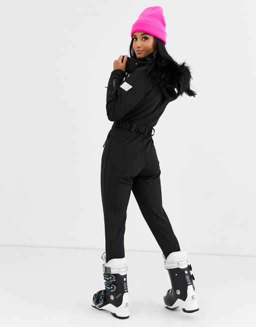 ASOS 4505 ski fitted belted ski suit with fur faux hood