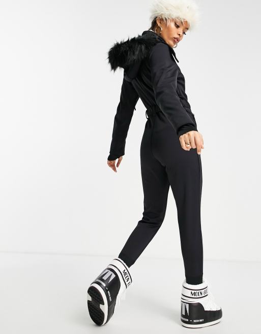 ASOS 4505 Petite ski fitted belted ski suit with fur faux hood