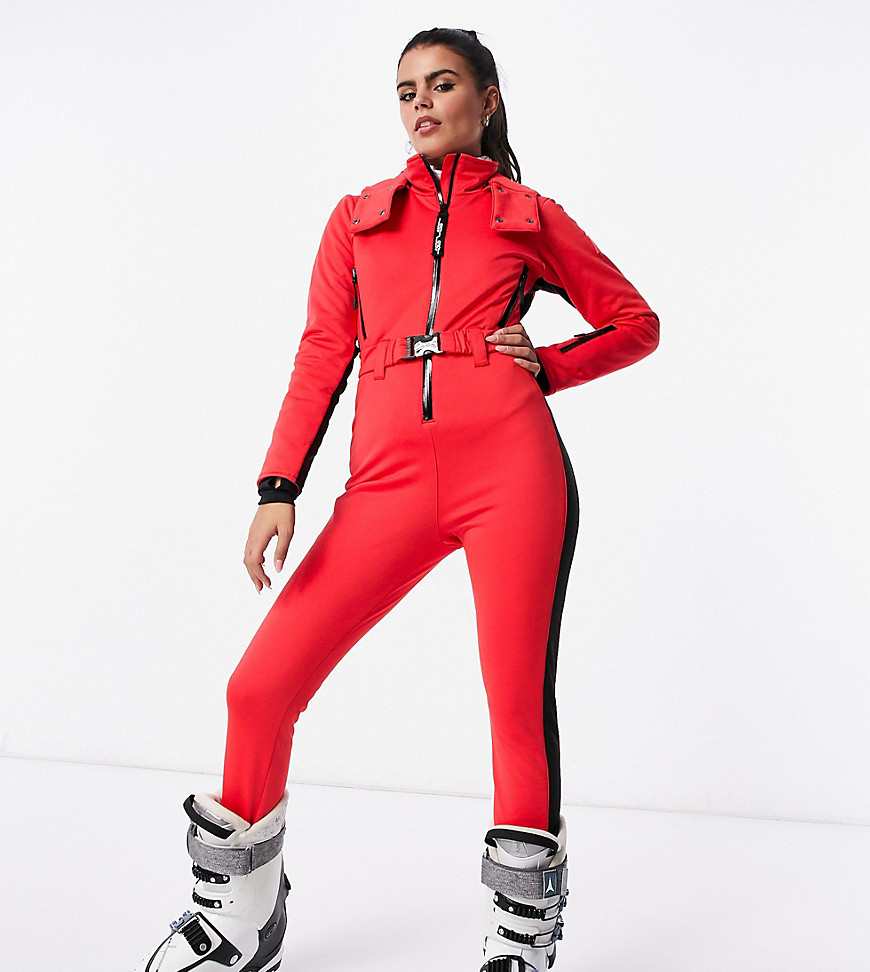 ASOS 4505 Petite ski fitted belted ski suit with hood and side stripe-Red